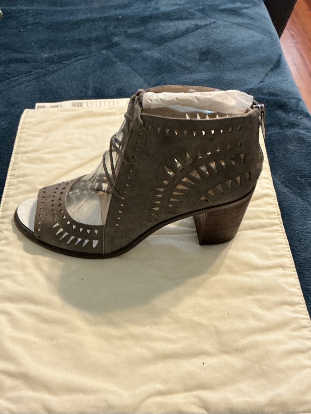 Vince Camuto Taupe Laser-Cut Peep Toe Lace-Up Block Heel Bootie